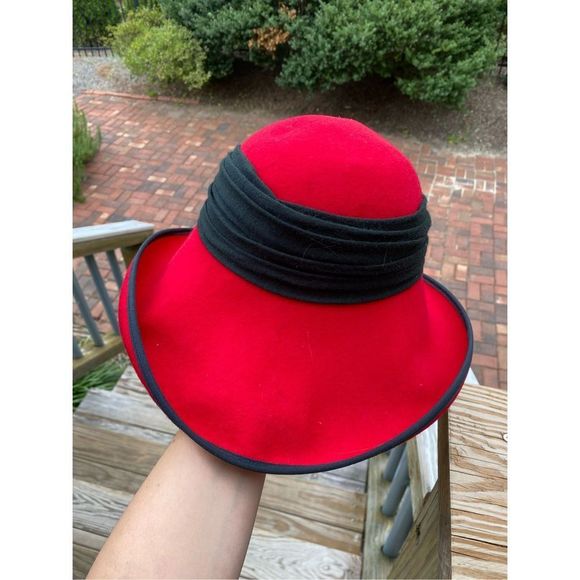 Betmar of New York Red Wool Emma Cloche Bucket Hat, Black Wrapped Scarf - Picture 6 of 9
